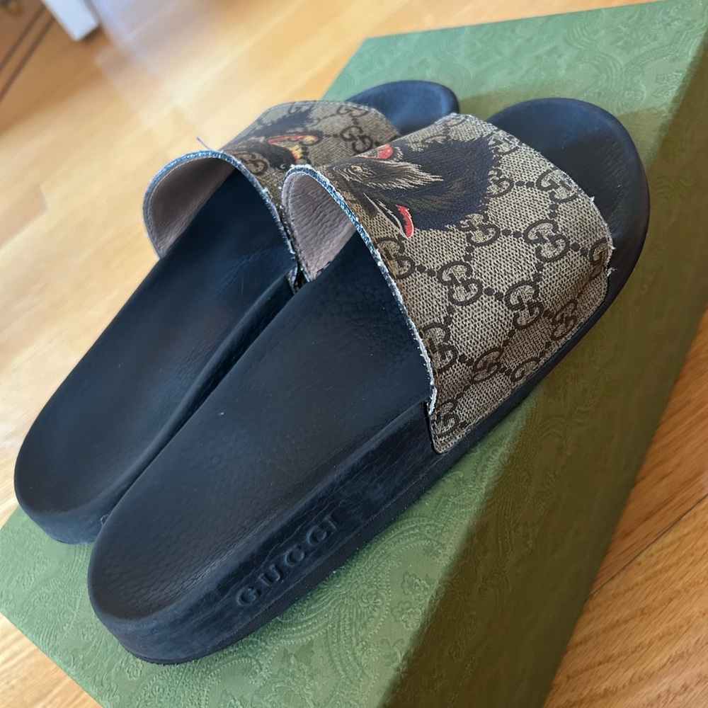 Gucci Kids Brown and Black Patterned Slide Sandals